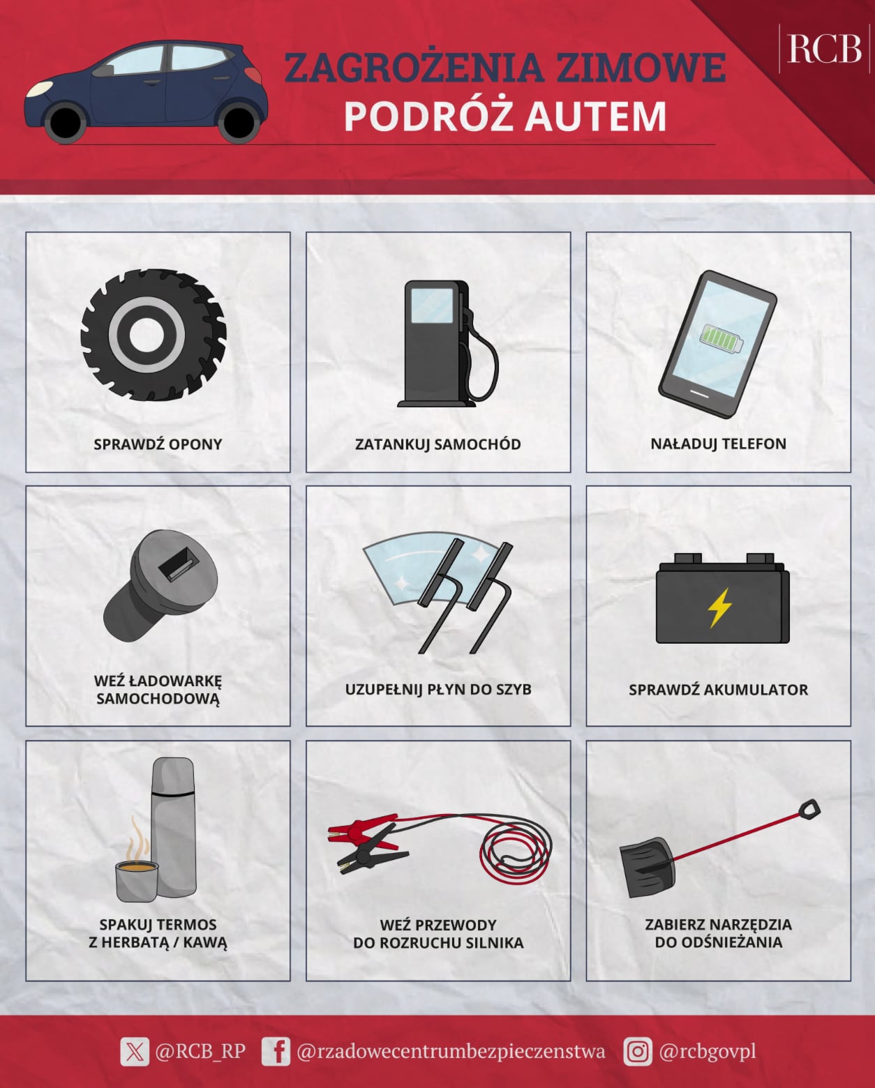 Zagrożenia zimowe: podróż autem. Fot. X/@RCB_RP.