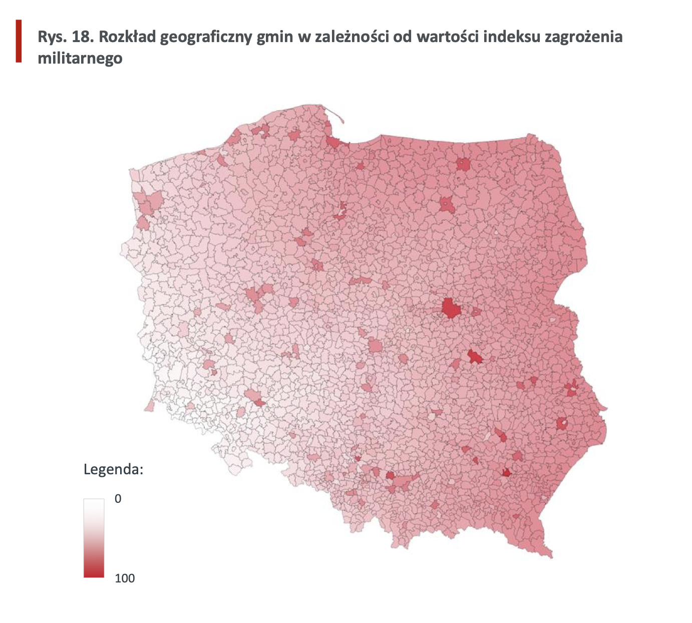 Rozkład geograficzny gmin w zależności od wartości indeksu zagrożenia militarnego. Fot. Bank Gospodarstwa Krajowego.