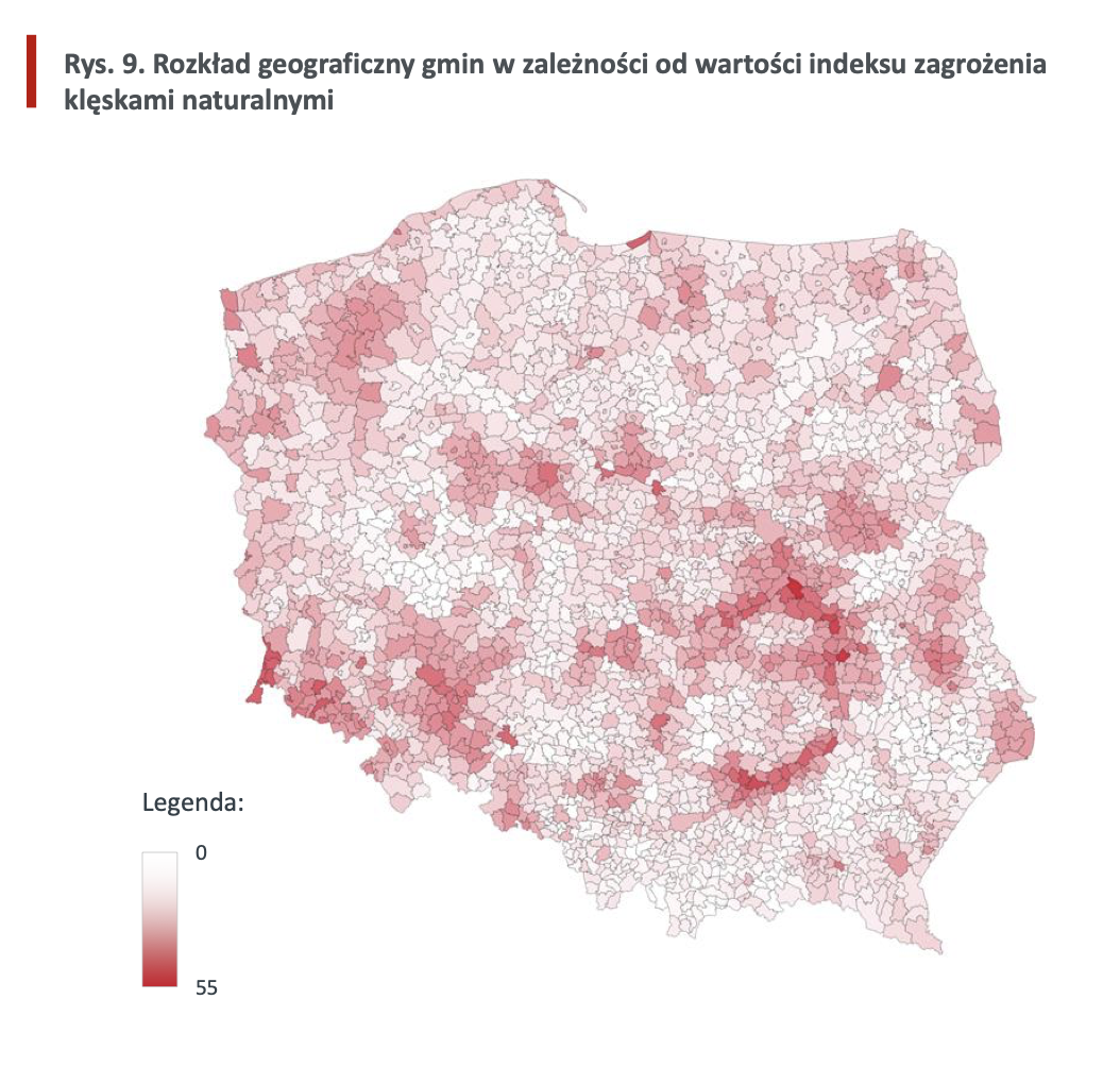 Rozkład geograficzny gmin w zależności od wartości indeksu zagrożenia klęskami naturalnymi. Fot. Bank Gospodarstwa Krajowego.