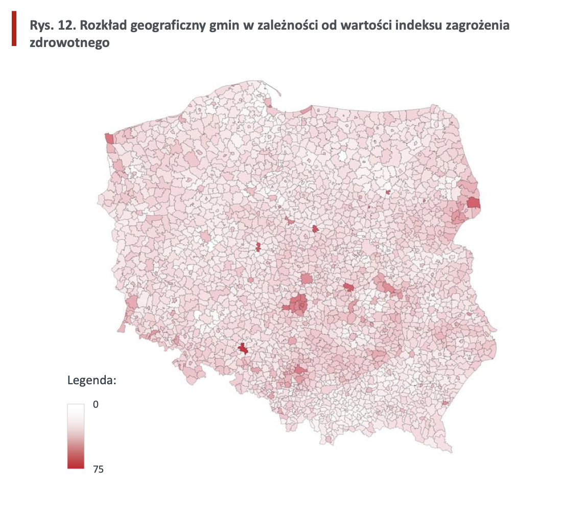 Rozkład geograficzny gmin w zależności od wartości indeksu zagrożenia zdrowotnego. Fot. Bank Gospodarstwa Krajowego.