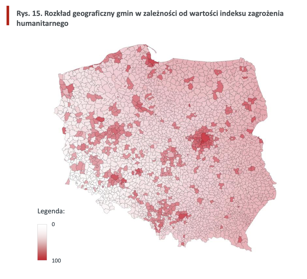 Rozkład geograficzny gmin w zależności od wartości indeksu zagrożenia humanitarnego. Fot. Bank Gospodarstwa Krajowego.