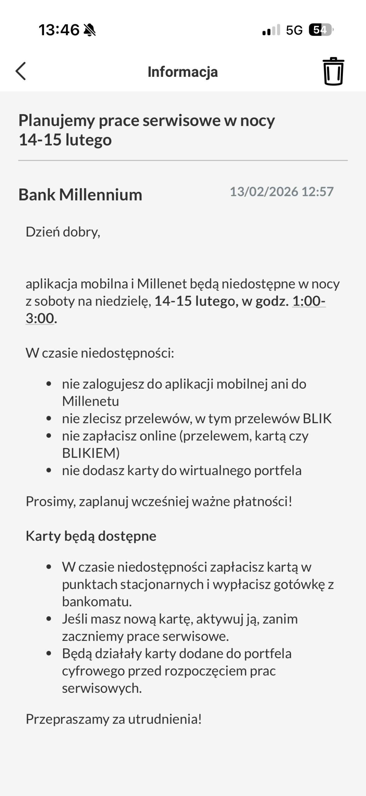 Komunikat banku Millenium. Fot. własne