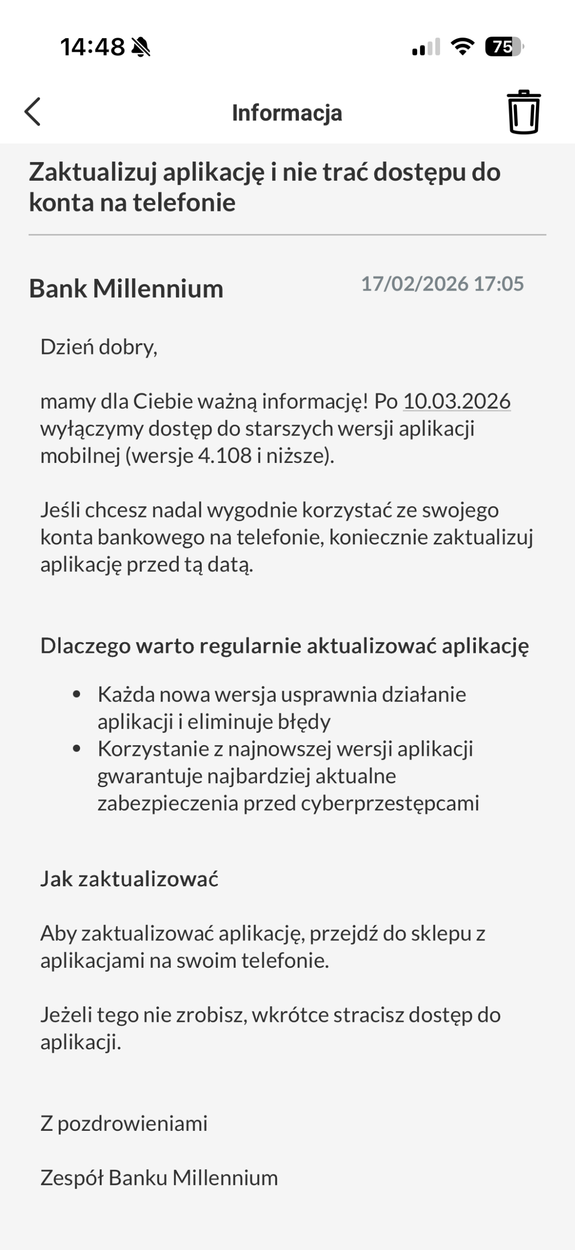Komunikat banku Millenium. Fot. własne