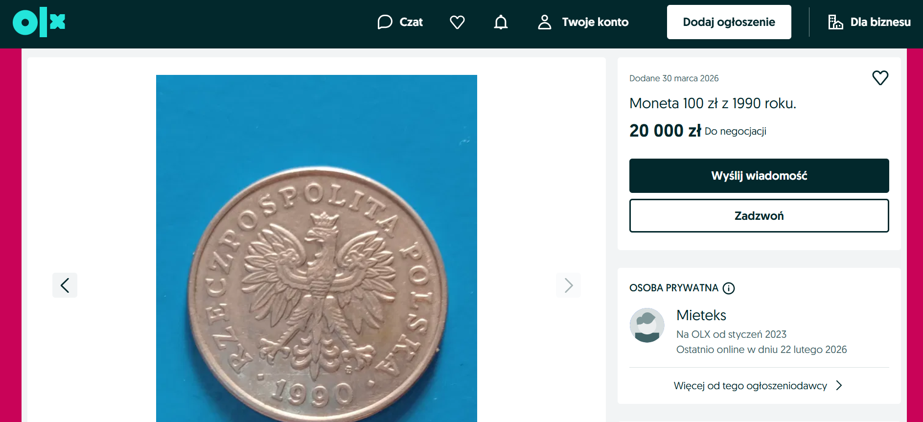 Moneta 100 złotych za 20 tysięcy, fot. olx.pl
