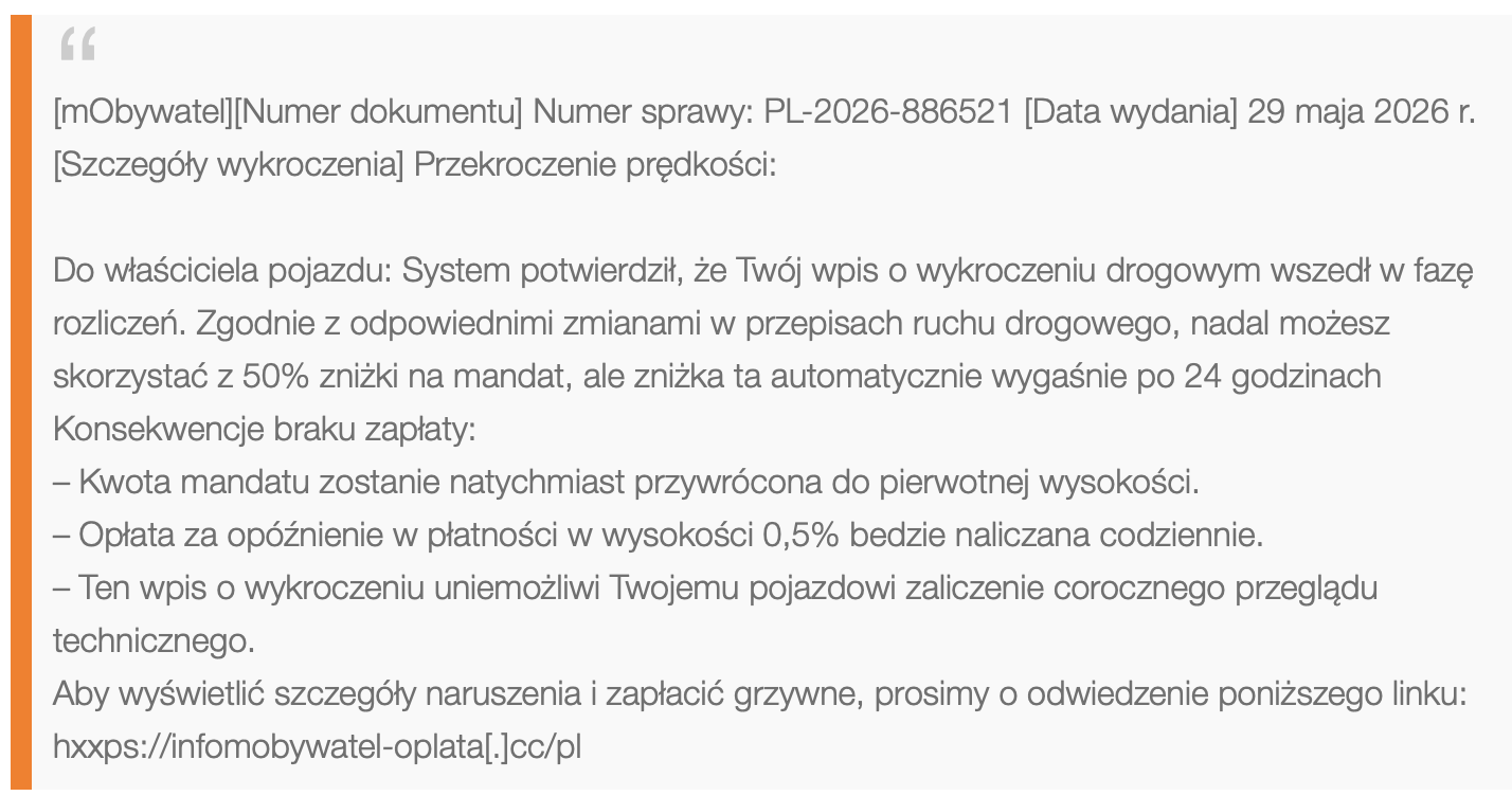 Treść SMS wysyłanego przez oszustów. Fot. Orange Polska.